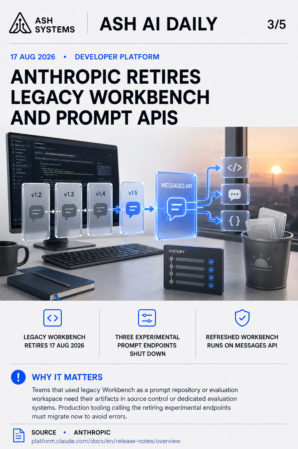 Anthropic retires legacy Workbench and prompt APIs Ash AI Daily factual story card