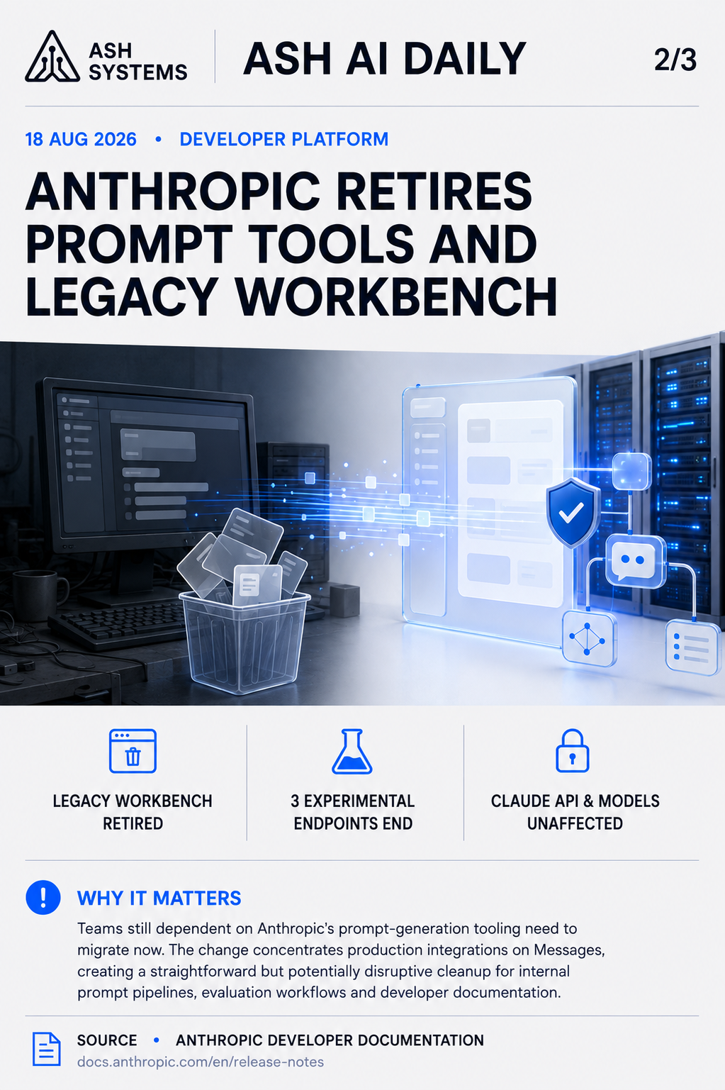 Anthropic retires Prompt Tools and legacy Workbench Ash AI Daily factual story card