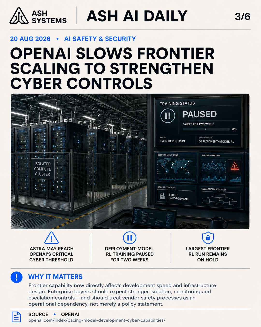 OpenAI slows frontier scaling to strengthen cyber controls Ash AI Daily factual story card