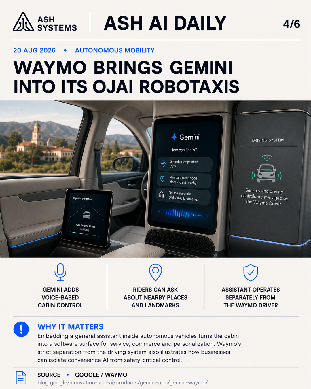 Waymo brings Gemini into its Ojai robotaxis Ash AI Daily factual story card