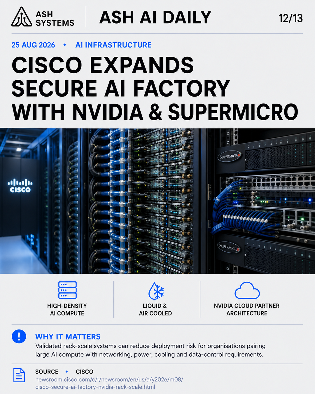 Cisco expands its Secure AI Factory with NVIDIA and Supermicro Ash AI Daily factual story card