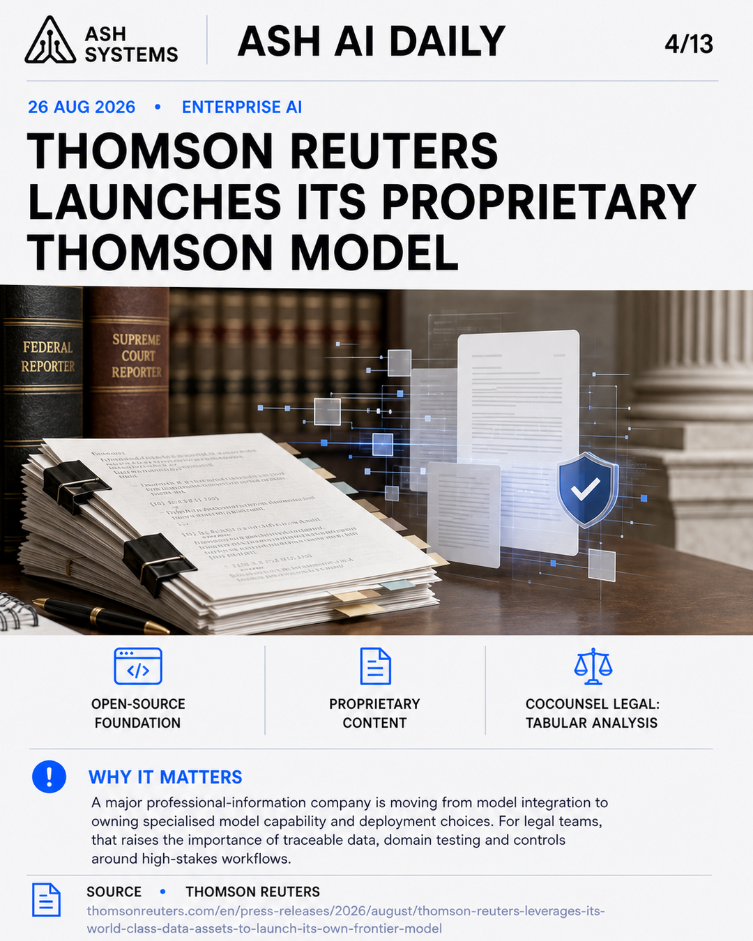 Thomson Reuters launches its proprietary Thomson model Ash AI Daily factual story card