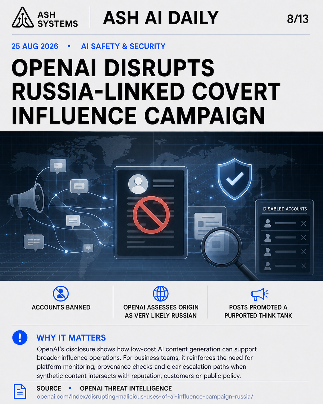 OpenAI disrupts a Russia-linked covert influence campaign Ash AI Daily factual story card