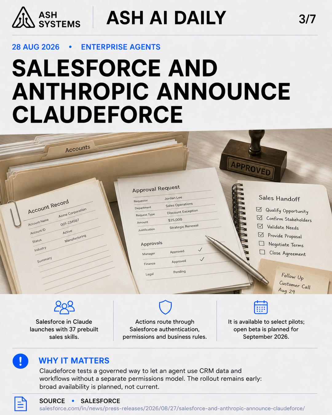 Salesforce and Anthropic announce Claudeforce Ash AI Daily factual story card
