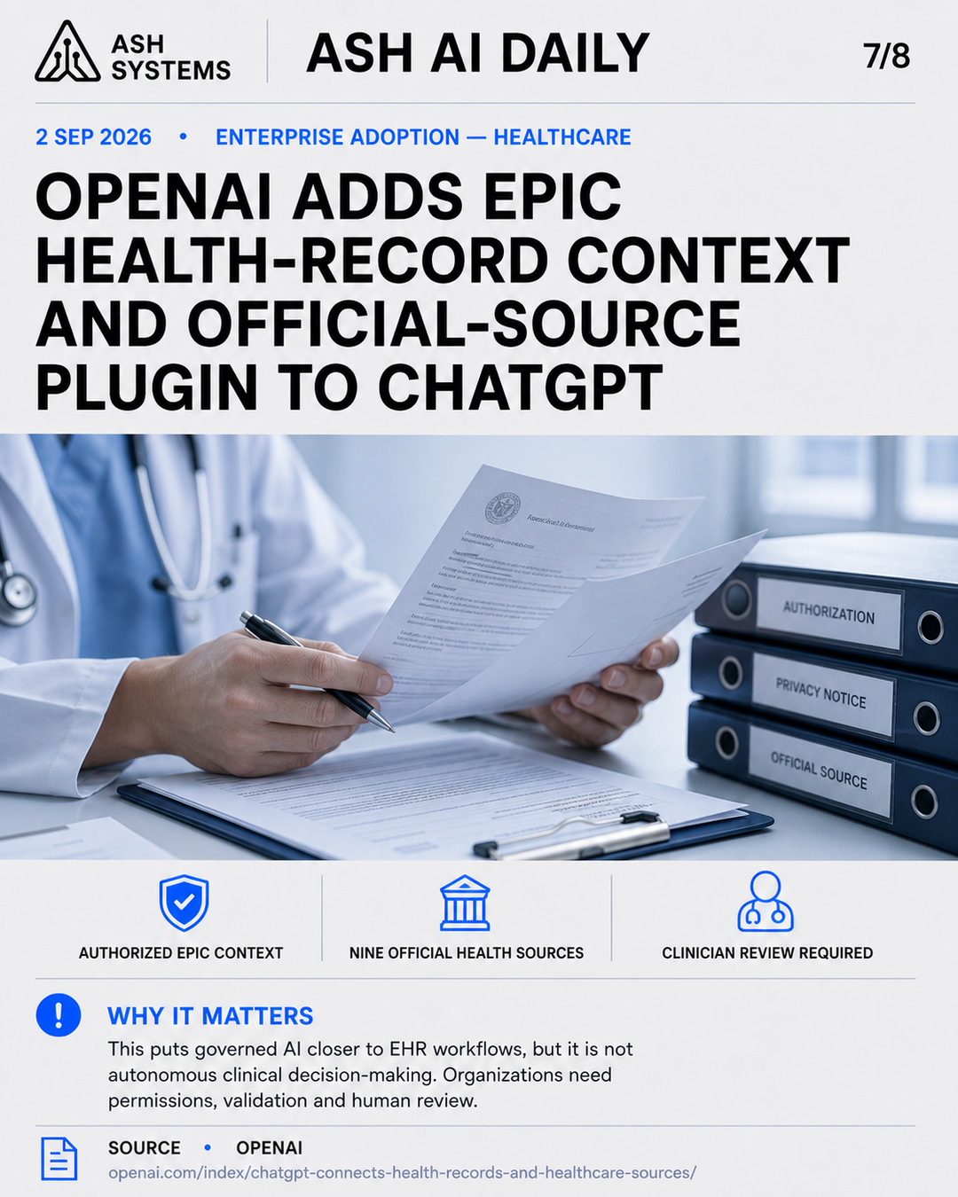 OpenAI adds Epic health-record context and official-source plugin to ChatGPT Ash AI Daily factual story card