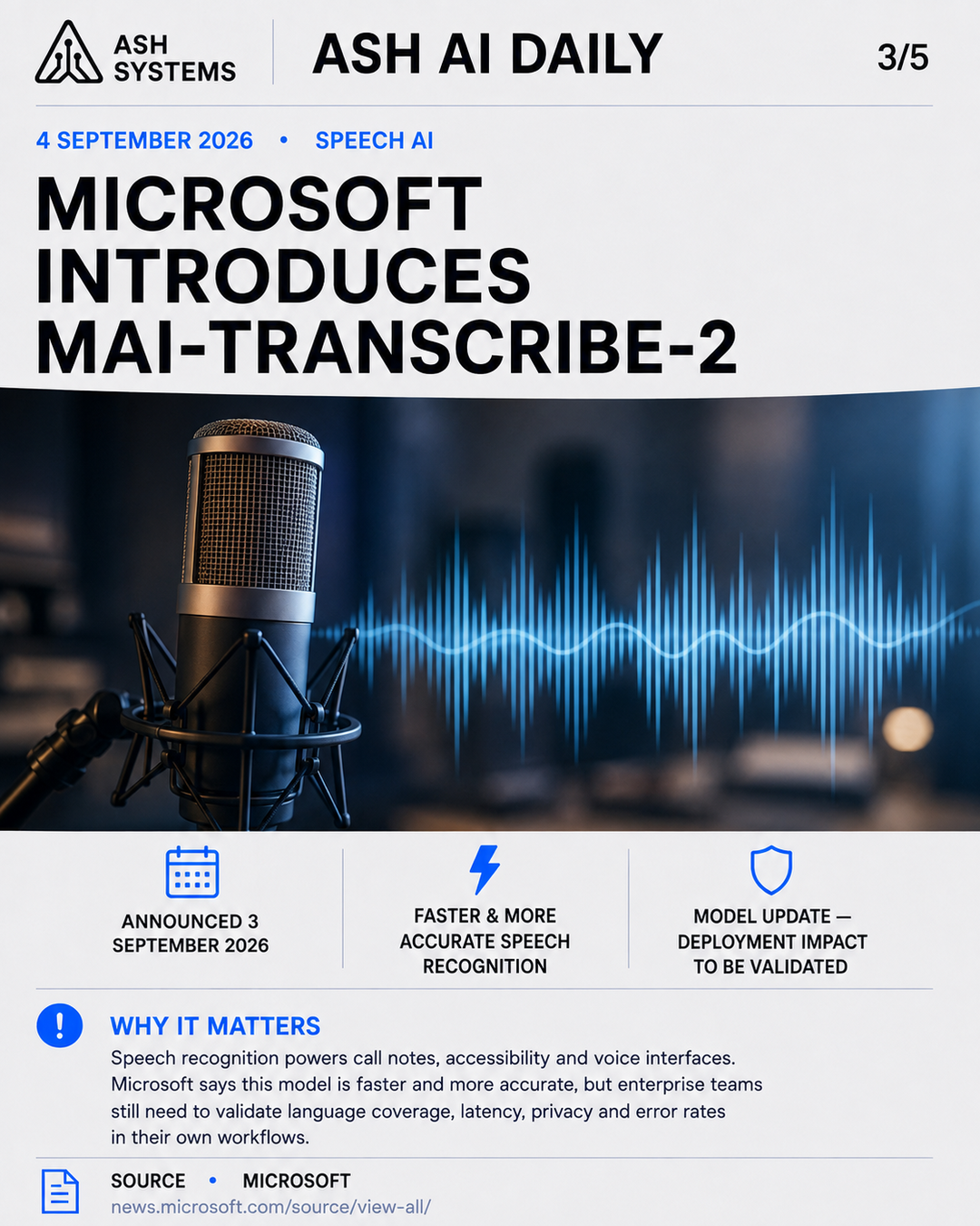 Microsoft introduces MAI-Transcribe-2 Ash AI Daily factual story card