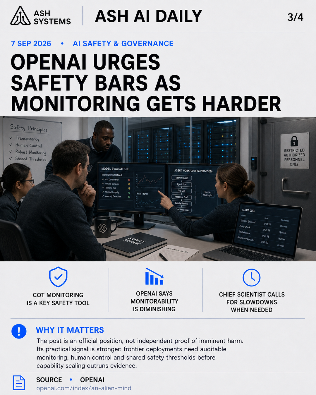 OpenAI urges safety bars as monitoring gets harder Ash AI Daily factual story card
