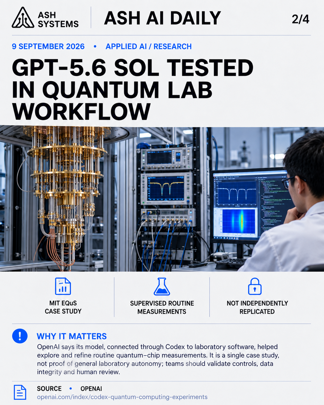 GPT-5.6 Sol is tested in a quantum-computing laboratory workflow Ash AI Daily factual story card