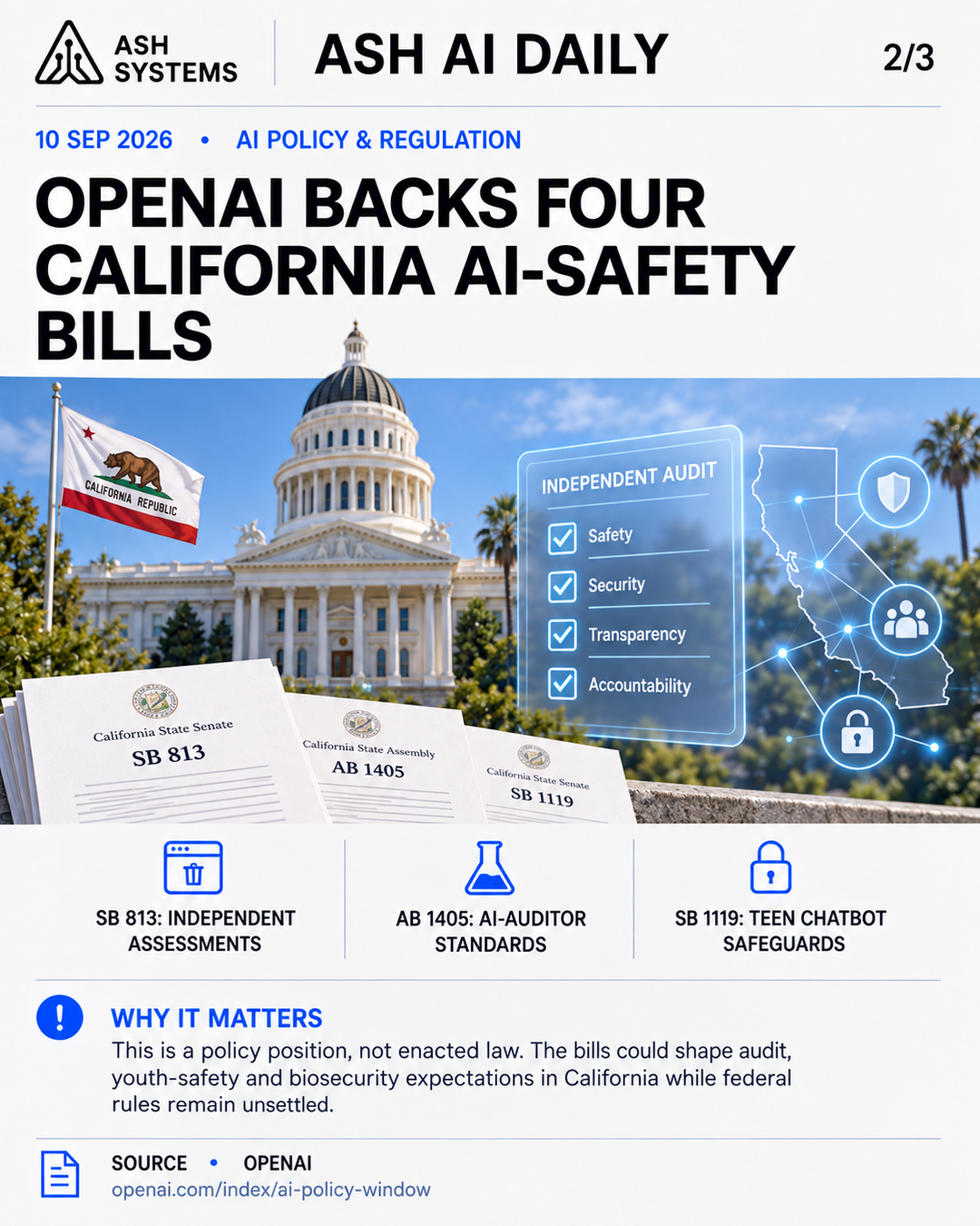 OpenAI backs four California AI-safety bills and calls for federal rules Ash AI Daily factual story card