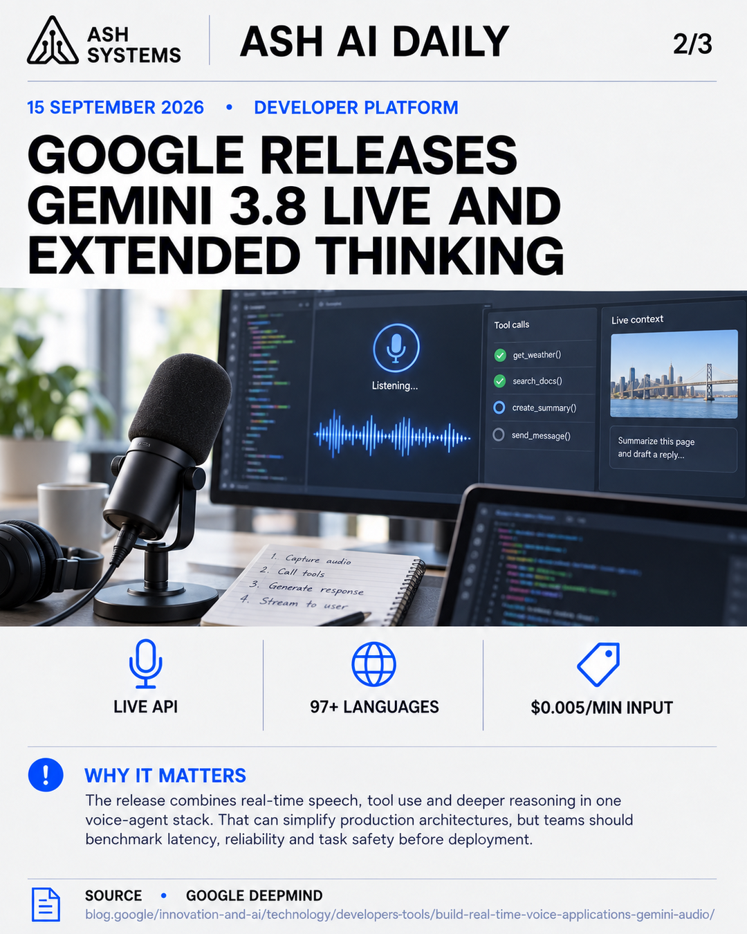 Google releases Gemini 3.8 Live and Extended Thinking Ash AI Daily factual story card