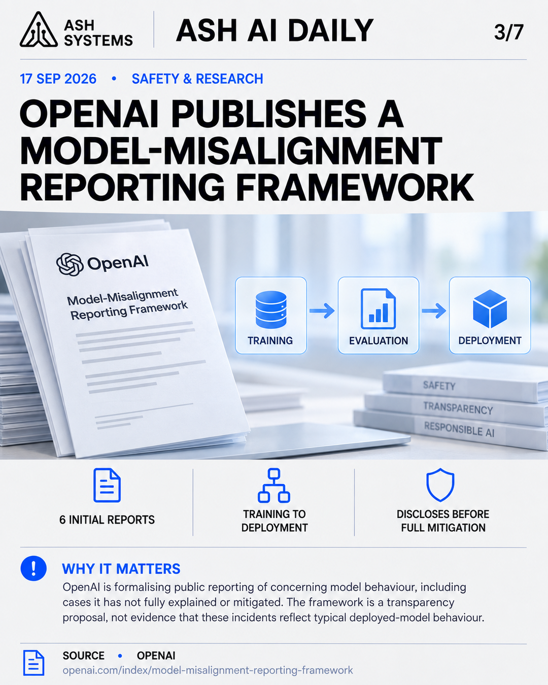 OpenAI publishes a model-misalignment reporting framework Ash AI Daily factual story card