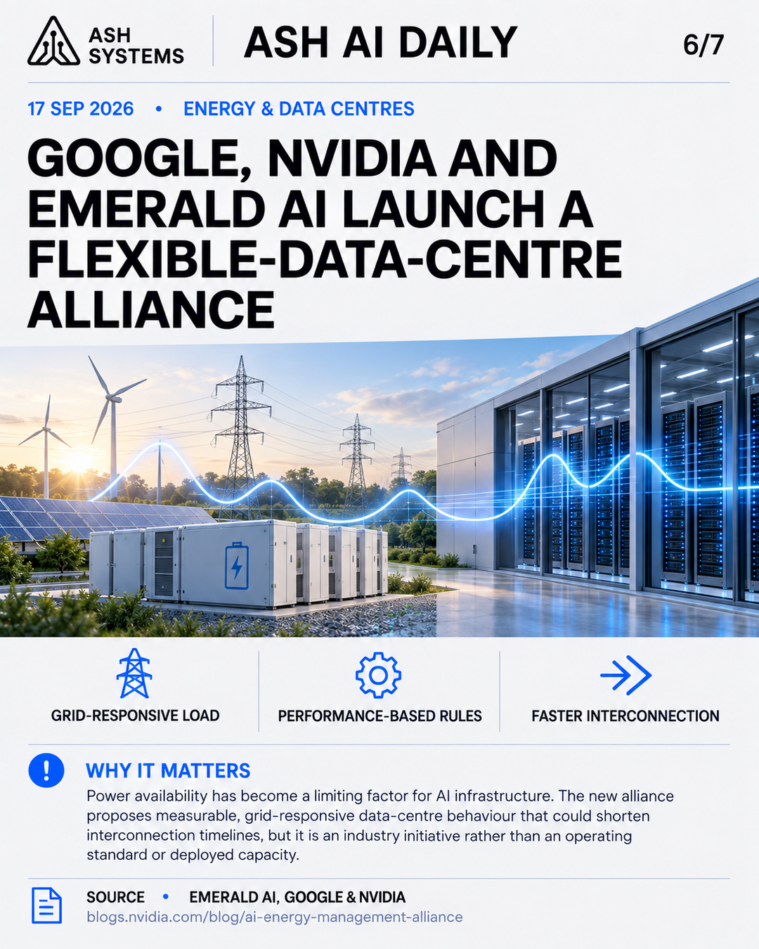 Google, NVIDIA and Emerald AI launch a flexible-data-centre alliance Ash AI Daily factual story card