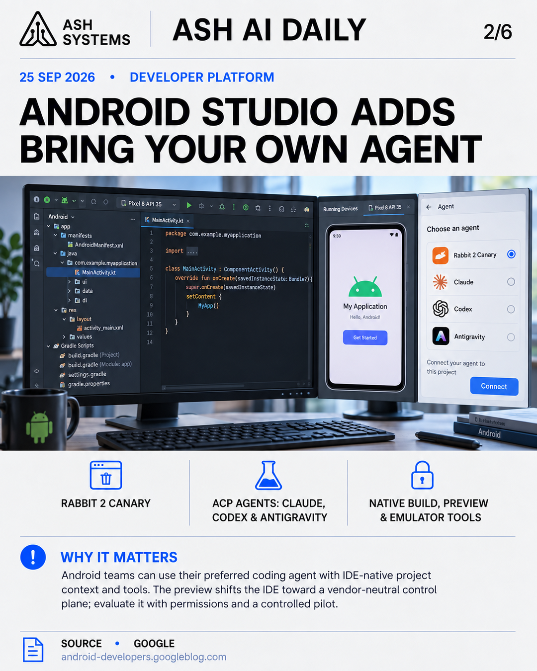 Android Studio adds Bring Your Own Agent support Ash AI Daily factual story card