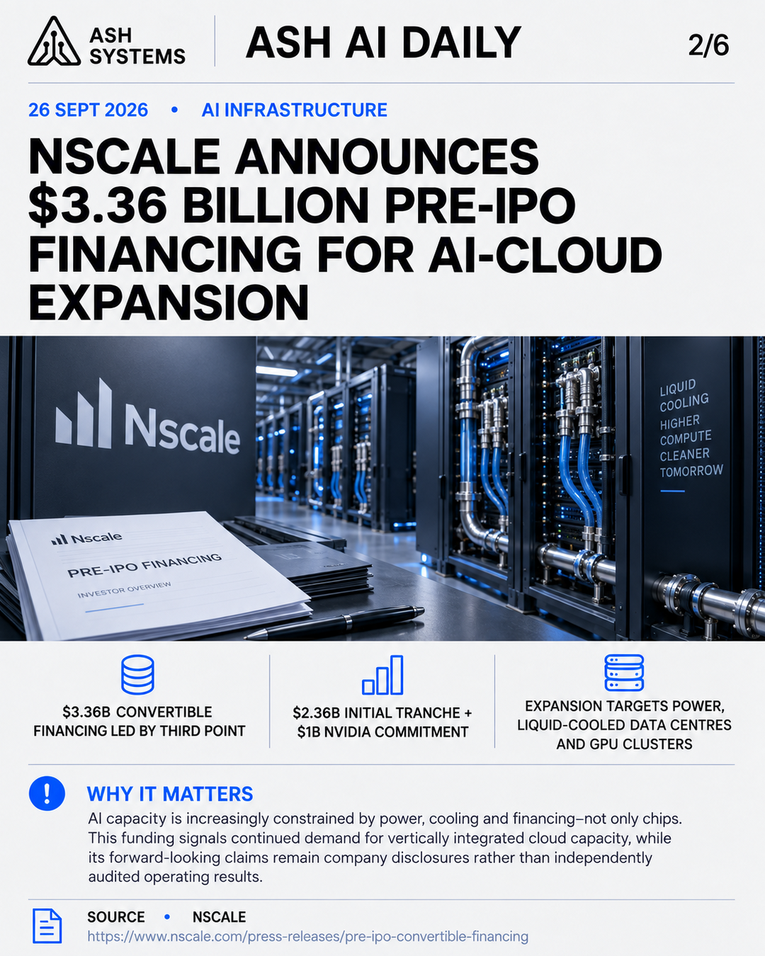 Nscale announces $3.36 billion pre-IPO financing for AI-cloud expansion Ash AI Daily factual story card