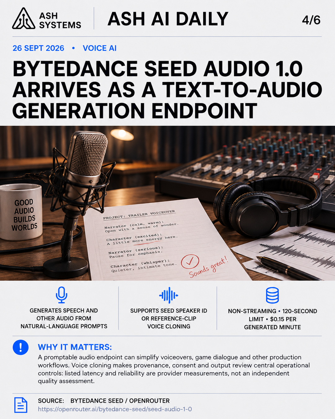 ByteDance Seed Audio 1.0 arrives as a text-to-audio generation endpoint Ash AI Daily factual story card