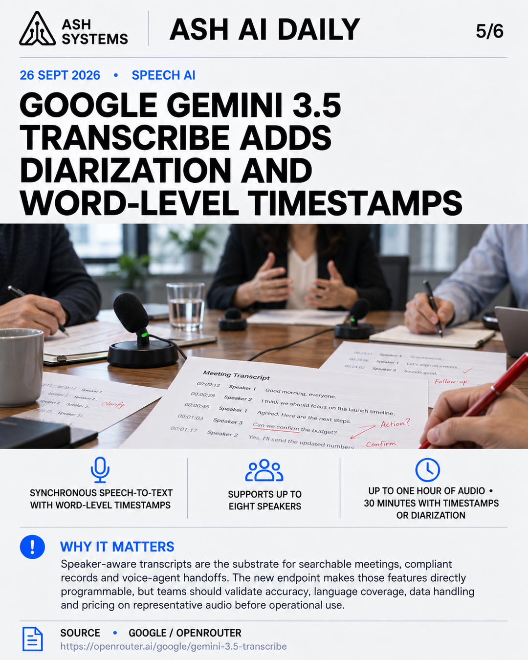 Google Gemini 3.5 Transcribe adds diarization and word-level timestamps Ash AI Daily factual story card