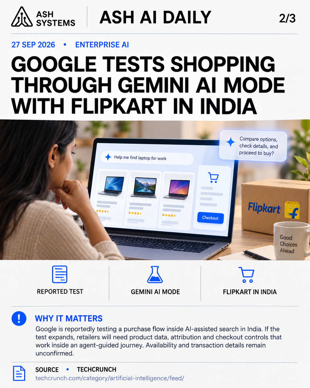 Google tests shopping through Gemini AI Mode with Flipkart in India Ash AI Daily factual story card