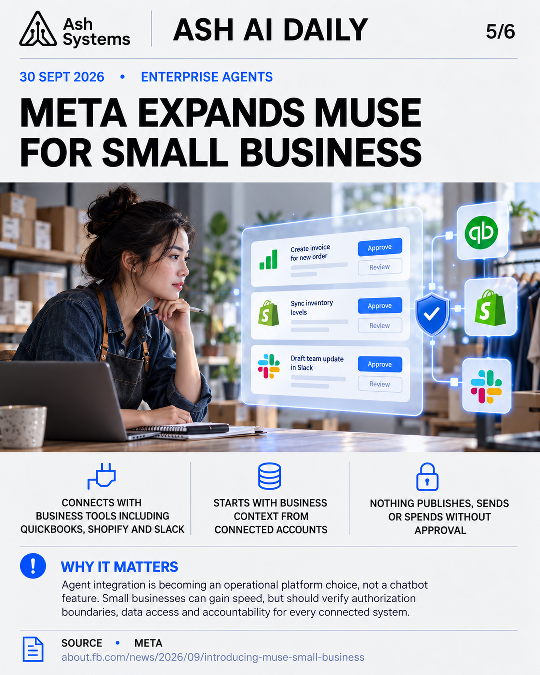Meta expands Muse for Small Business Ash AI Daily factual story card