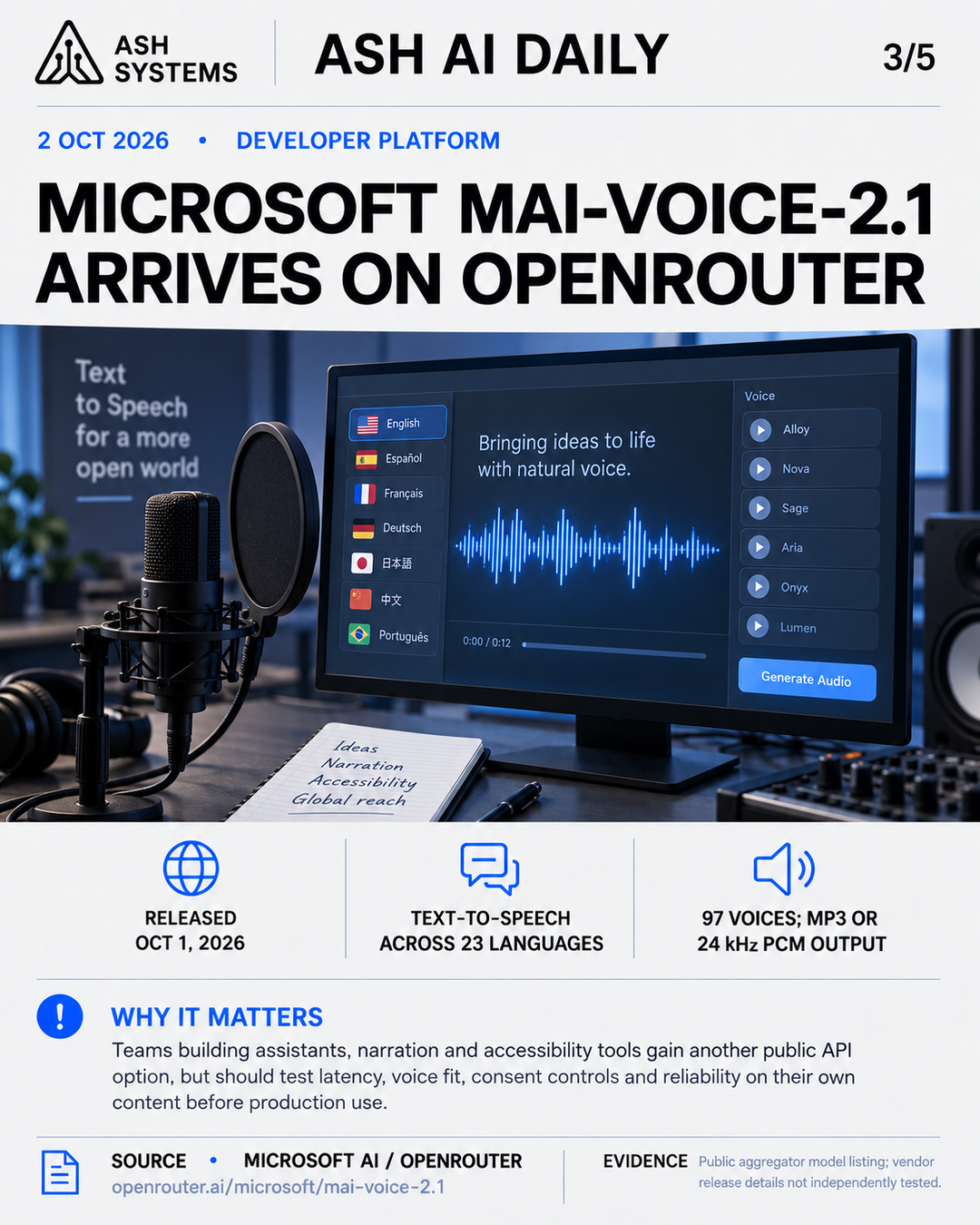 Microsoft MAI-Voice-2.1 arrives on OpenRouter Ash AI Daily factual story card