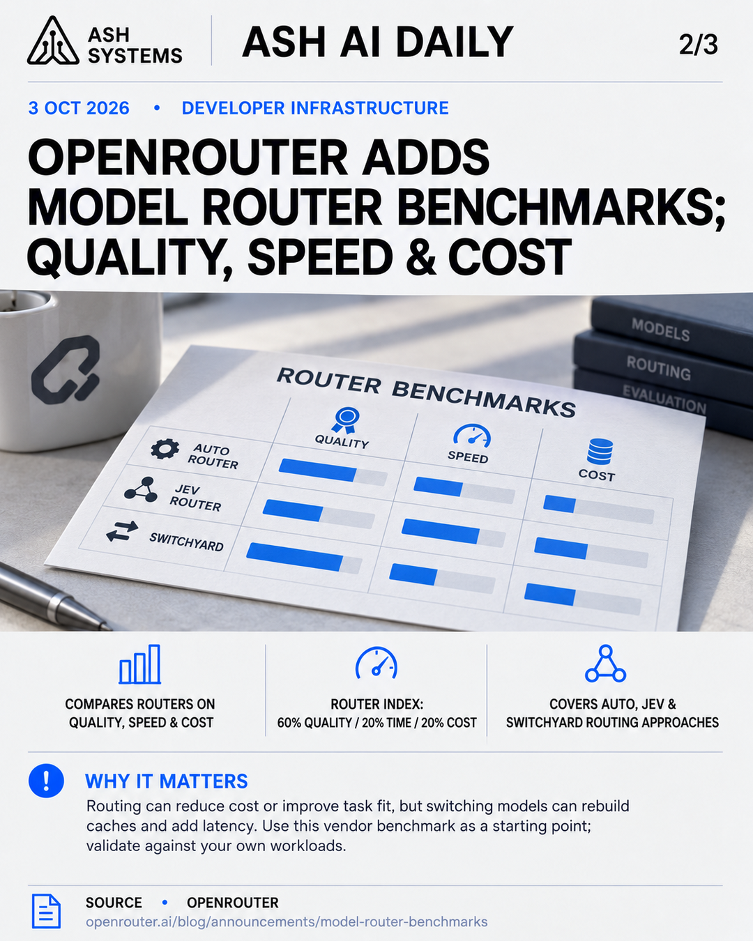 OpenRouter adds model router benchmarks Ash AI Daily factual story card