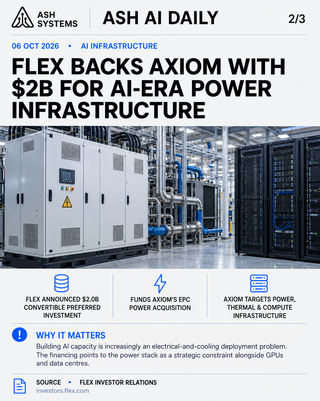 Flex backs Axiom with $2B for AI-era power infrastructure Ash AI Daily factual story card