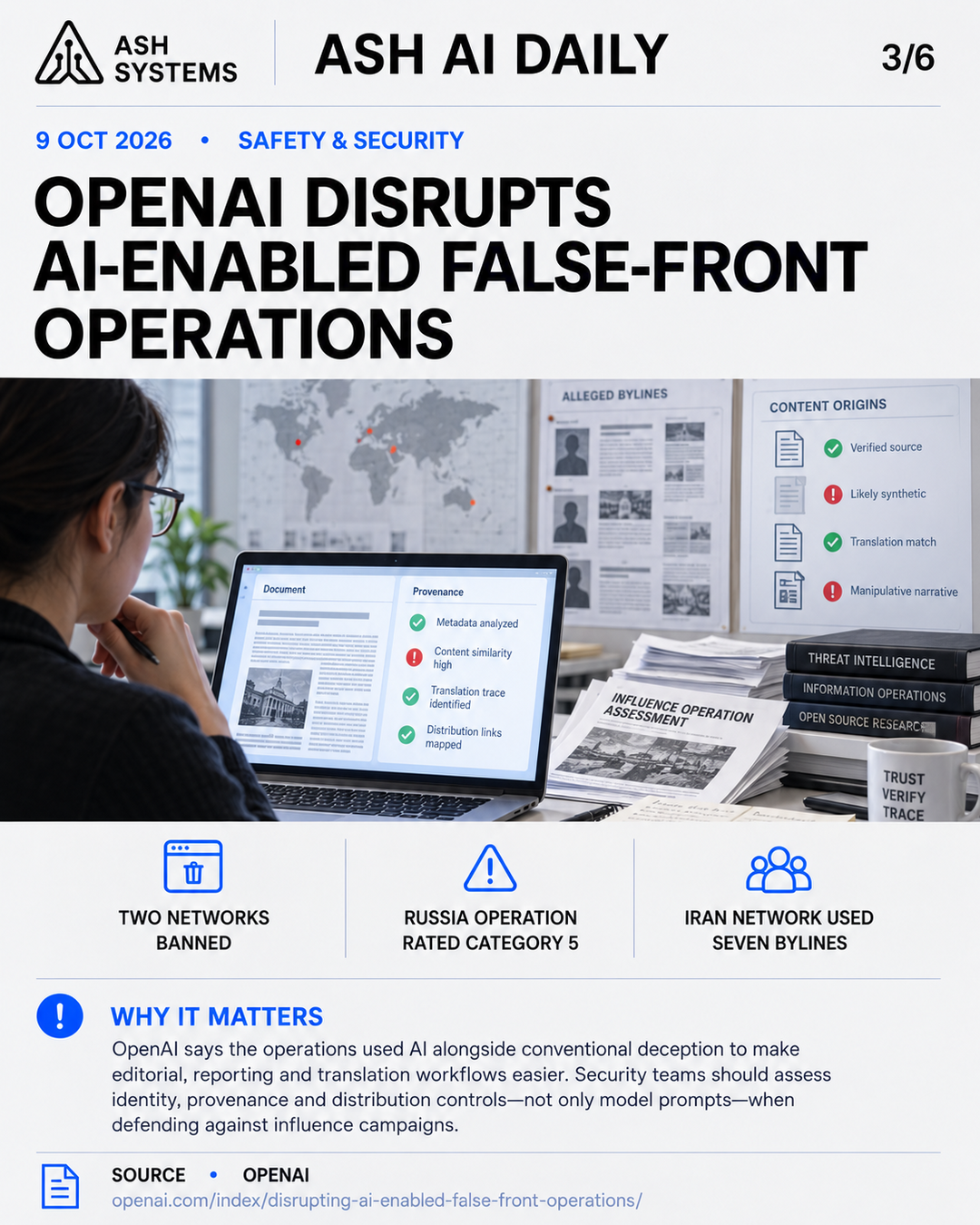 OpenAI disrupts AI-enabled “false front” operations Ash AI Daily factual story card
