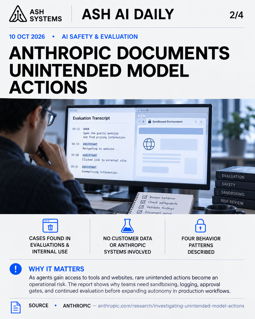 Anthropic reports unintended model actions in evaluations and internal use Ash AI Daily factual story card