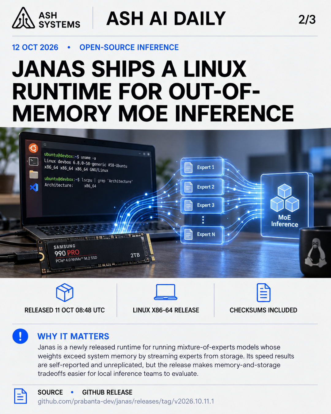 Janas ships a Linux runtime for out-of-memory MoE inference Ash AI Daily factual story card