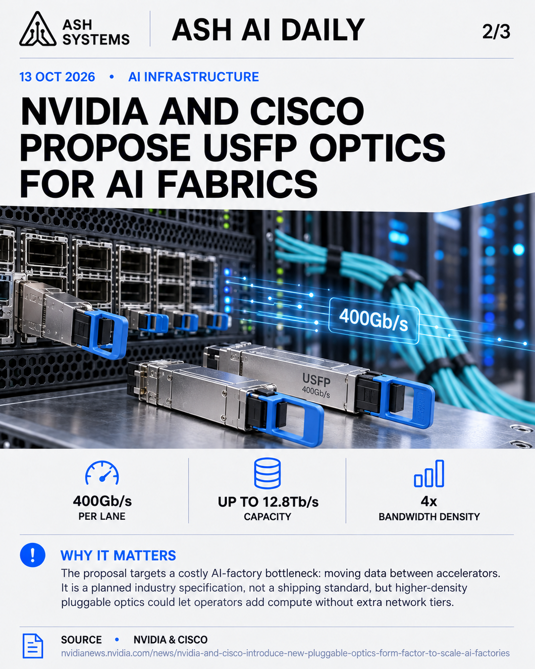 NVIDIA and Cisco propose USFP optics for AI fabrics Ash AI Daily factual story card