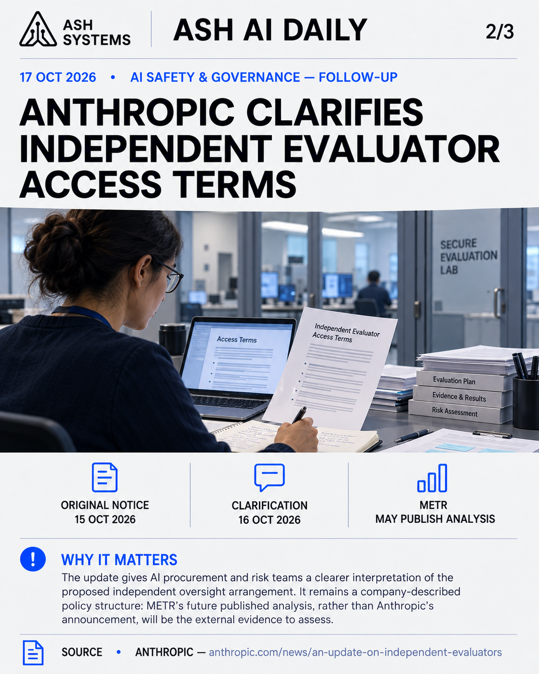 Anthropic clarifies independent evaluator access terms Ash AI Daily factual story card