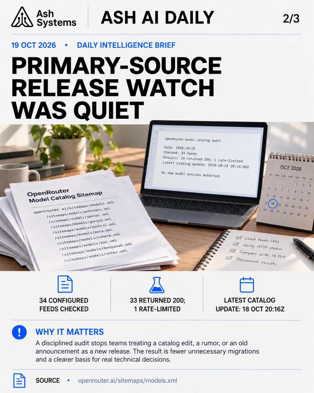 Primary-source release watch was quiet after the 18 October issue Ash AI Daily factual story card