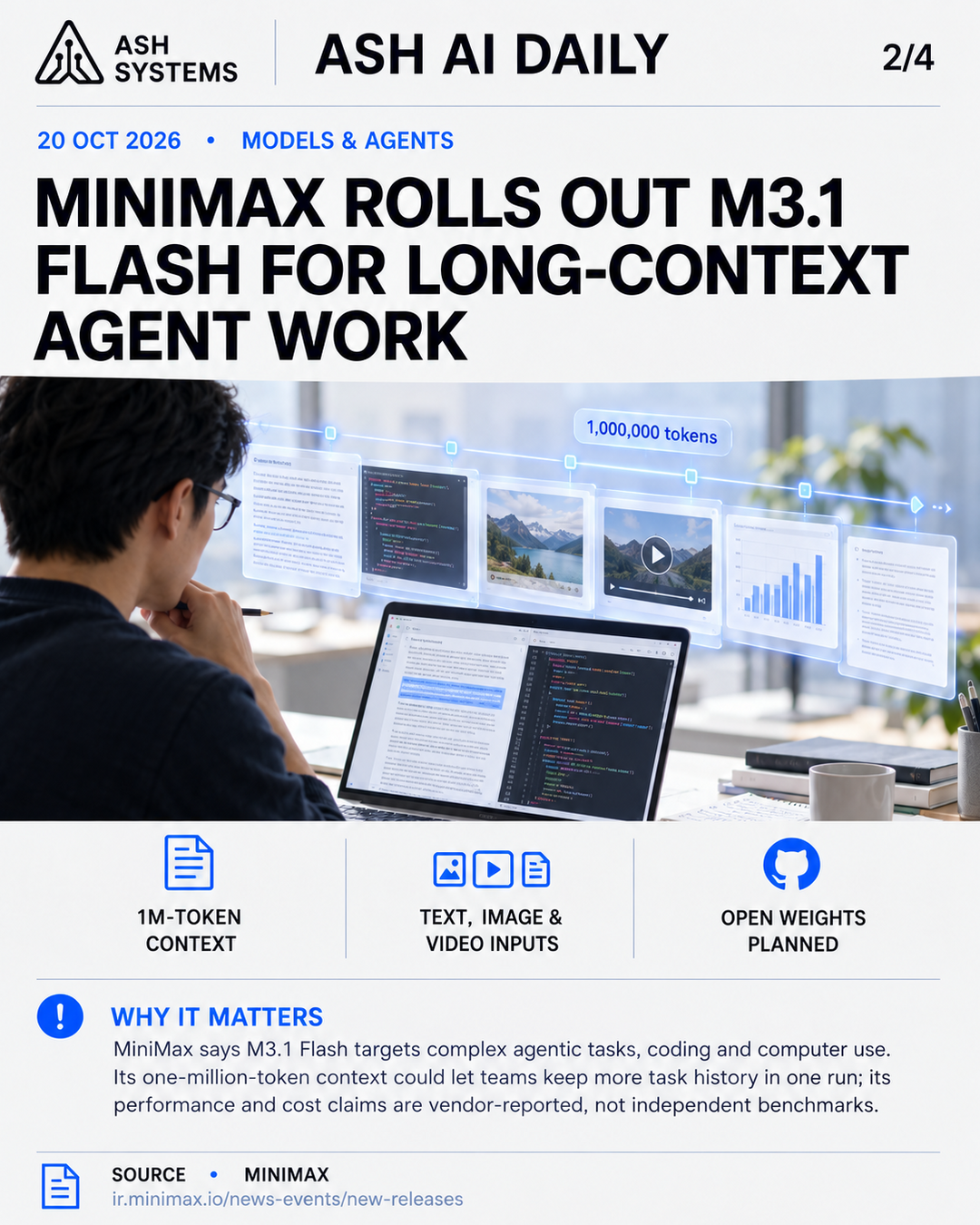 MiniMax rolls out M3.1 Flash for long-context agent work Ash AI Daily factual story card