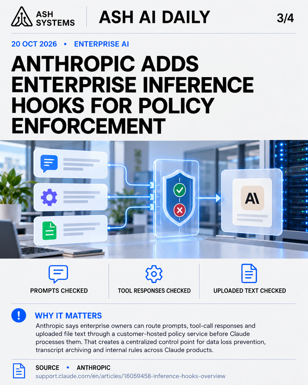 Anthropic adds enterprise inference hooks for policy enforcement Ash AI Daily factual story card