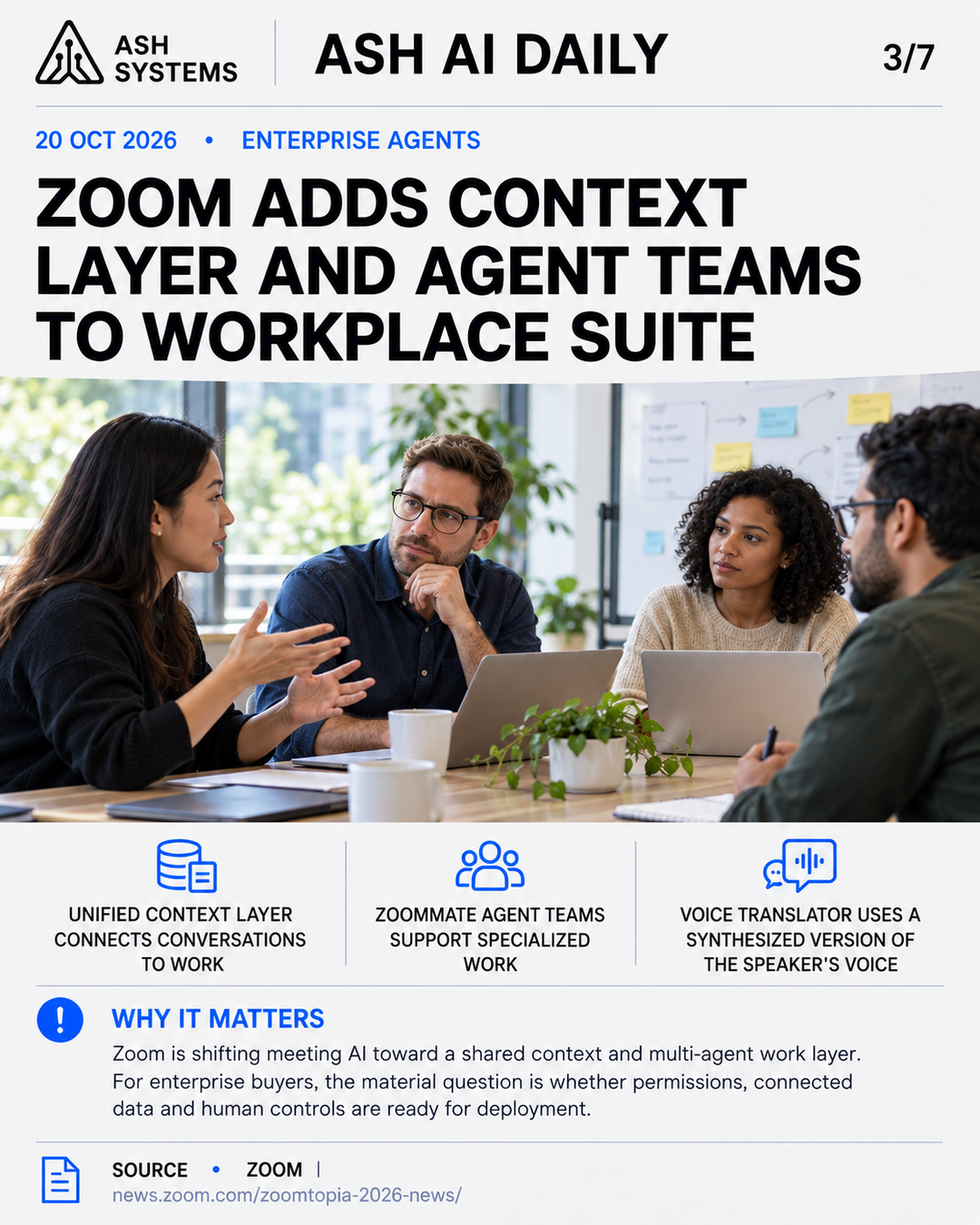 Zoom adds a context layer and agent teams to its workplace suite Ash AI Daily factual story card