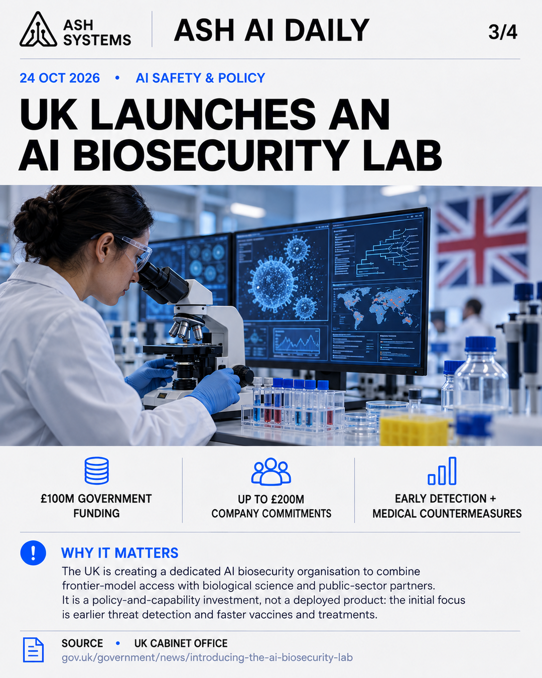 UK launches an AI Biosecurity Lab Ash AI Daily factual story card
