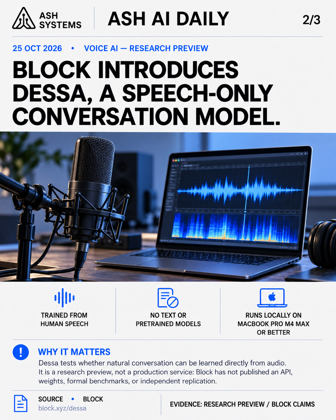 Block introduces Dessa, a speech-only conversation model Ash AI Daily factual story card
