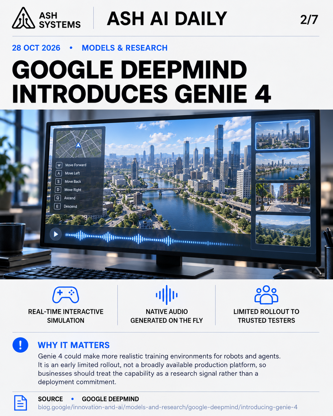 Google DeepMind introduces Genie 4 for real-time interactive simulation Ash AI Daily factual story card