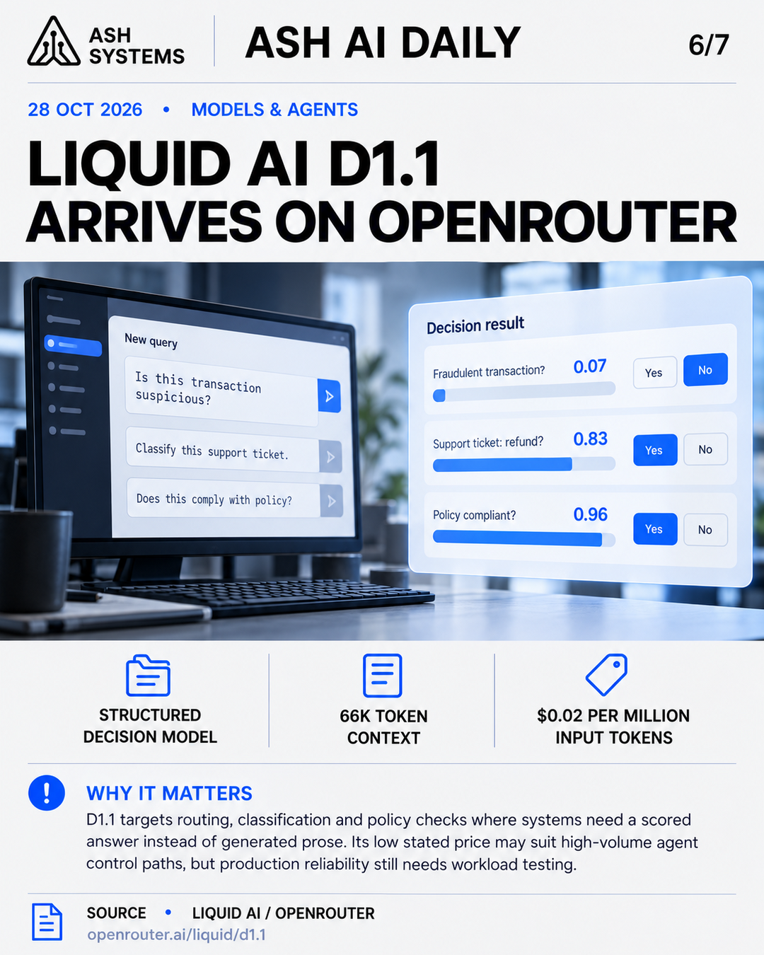 Liquid AI d1.1 arrives on OpenRouter for structured decisions Ash AI Daily factual story card