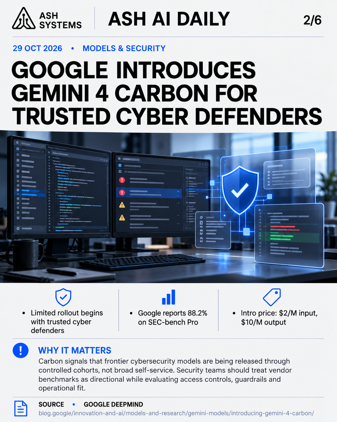 Google introduces Gemini 4 Carbon for trusted cyber defenders Ash AI Daily factual story card