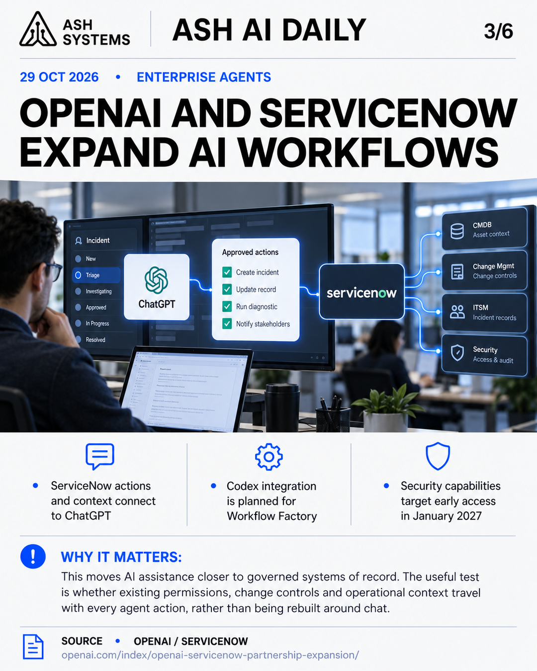 OpenAI and ServiceNow expand AI workflows across IT, security and development Ash AI Daily factual story card