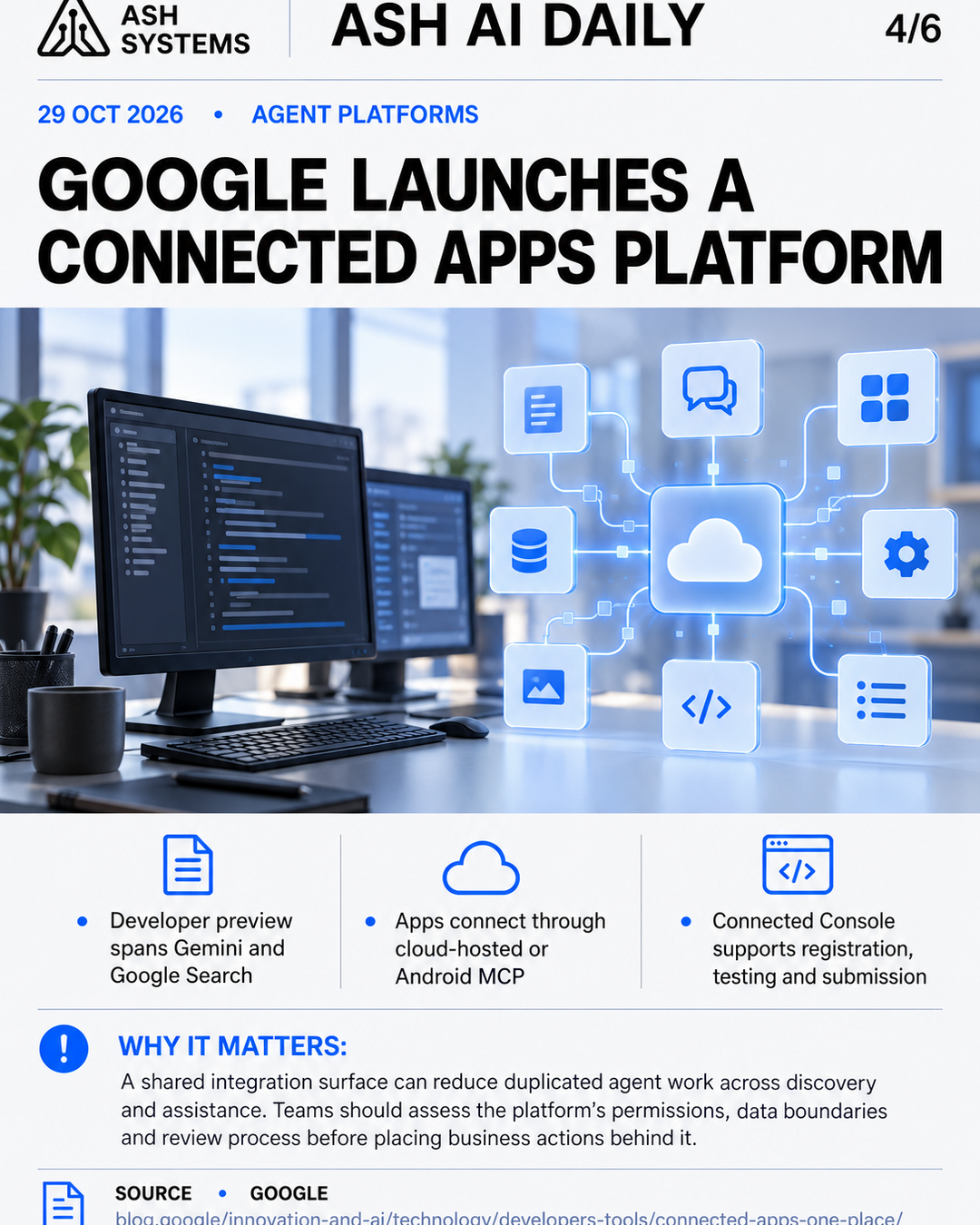 Google launches a Connected Apps Platform for Gemini and Search Ash AI Daily factual story card