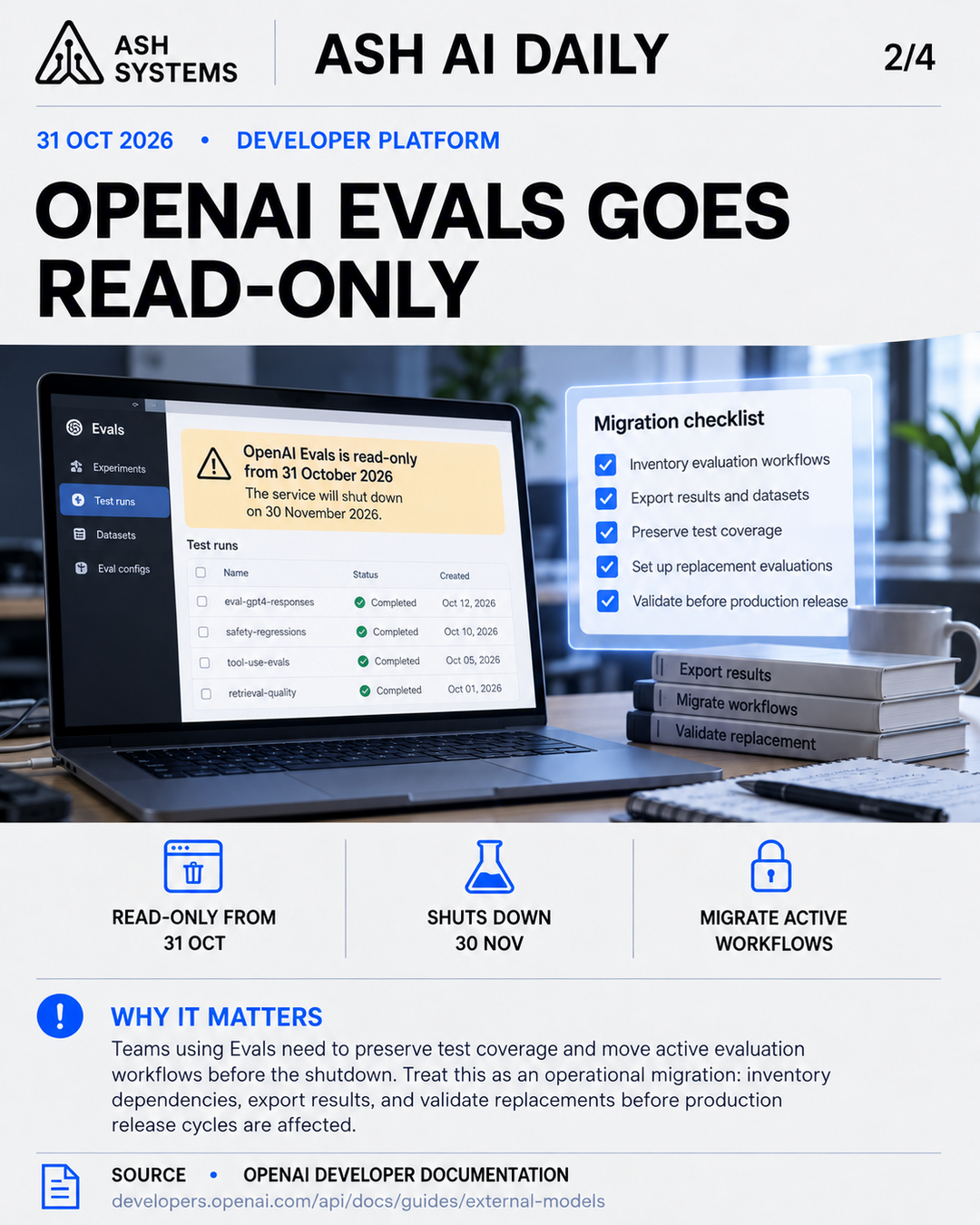 OpenAI moves Evals to read-only ahead of November shutdown Ash AI Daily factual story card