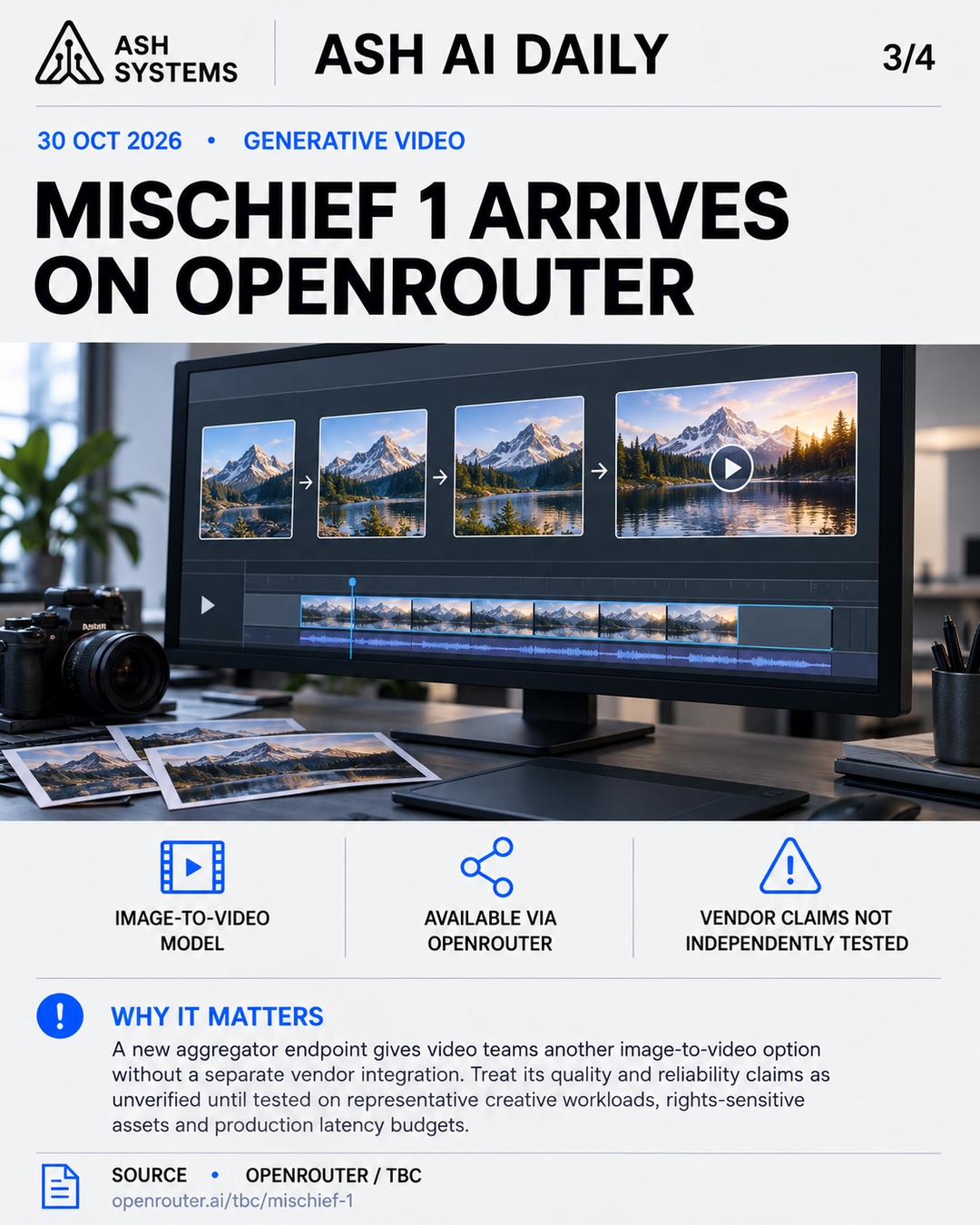 TBC launches mischief 1 image-to-video model on OpenRouter Ash AI Daily factual story card